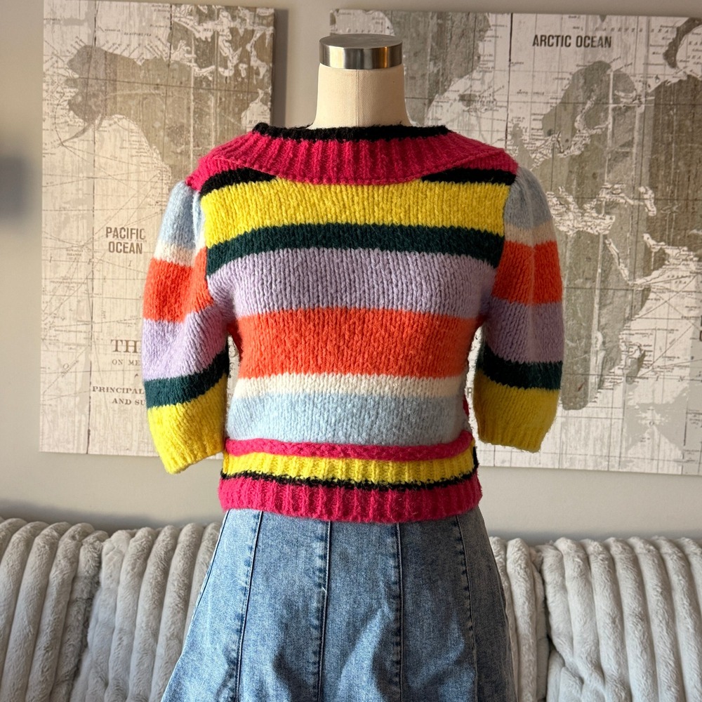 Free People Multicolor Striped Wool Blend Knit‎ Sweater Puff Sleeve XS
